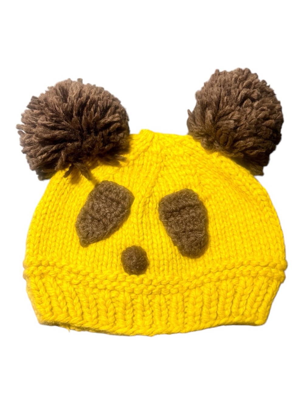 Panda Yellow Knit Beanie with Brown Pom Pom Ears